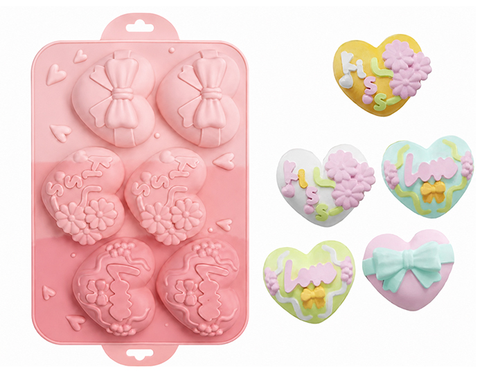 Molde silicona tricolor rosa 6 corazones decorados relieve